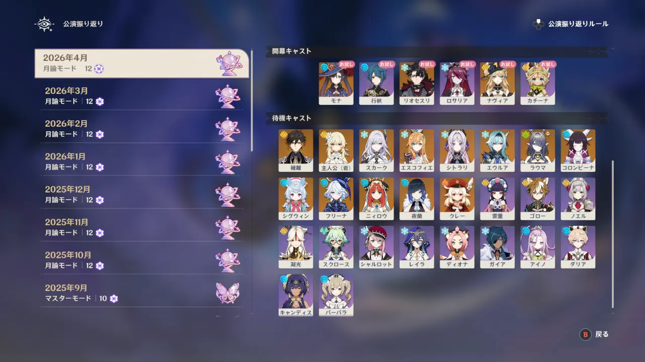 原神　幻想シアター（2026年4月）　待機キャスト例