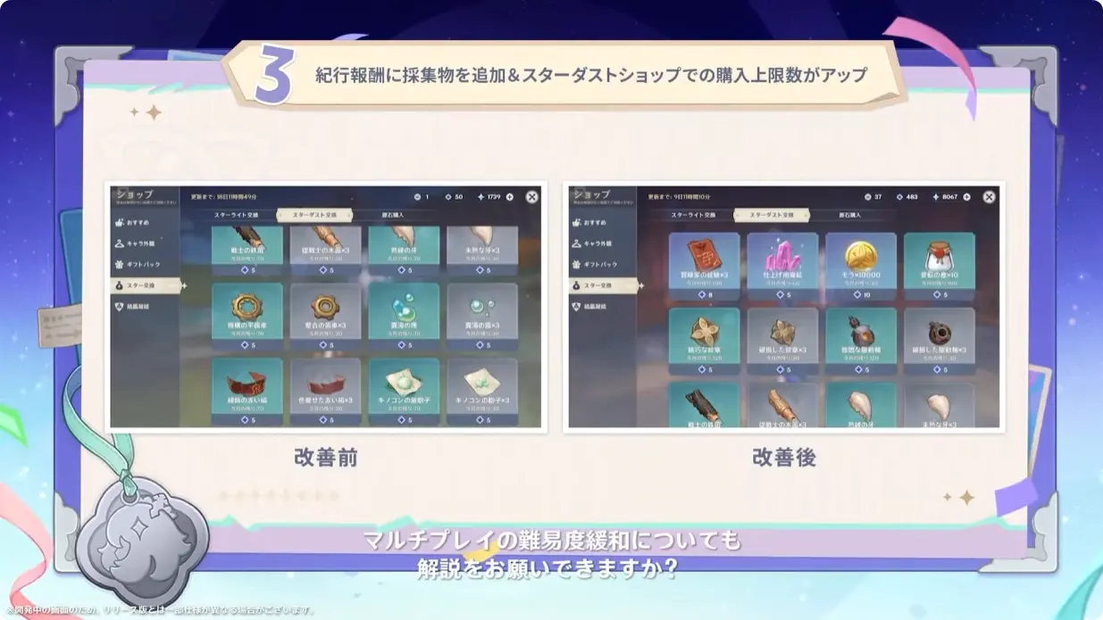 原神　Luna I 白銀の浪と蒼林の舞　予告番組　システム改善　スターダストショップの素材上限アップ